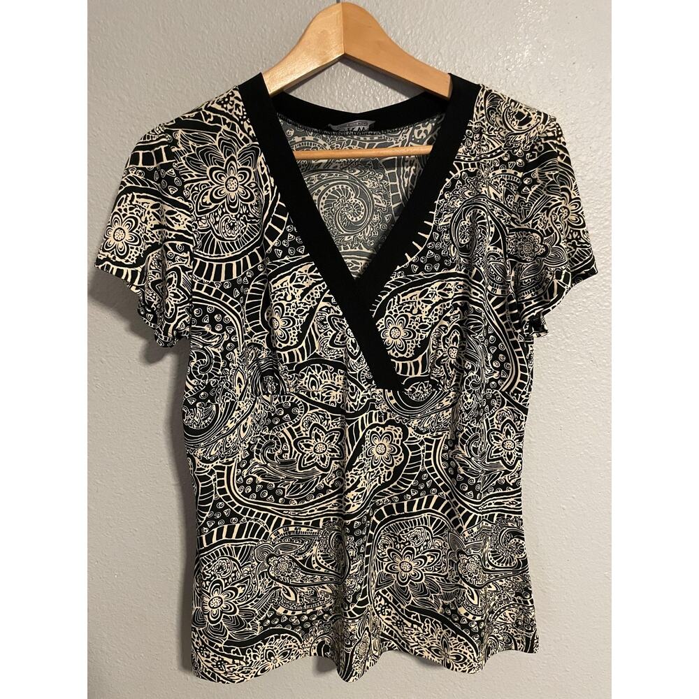 Vintage Womens Top Large Black White Paisley Short Sleeve Babydoll WhimsigothY2K